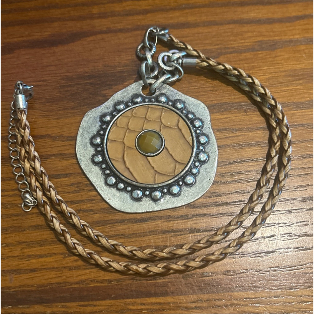 Women's western style Necklace 26” w/ 3” extension Silver Brown Braided Pendant